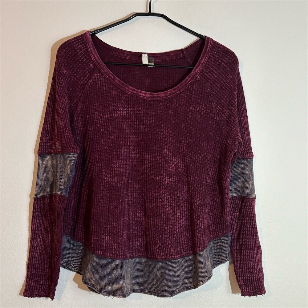 We The Free Free People Thermal Top Womens M Burgundy Gray Long Sleeve